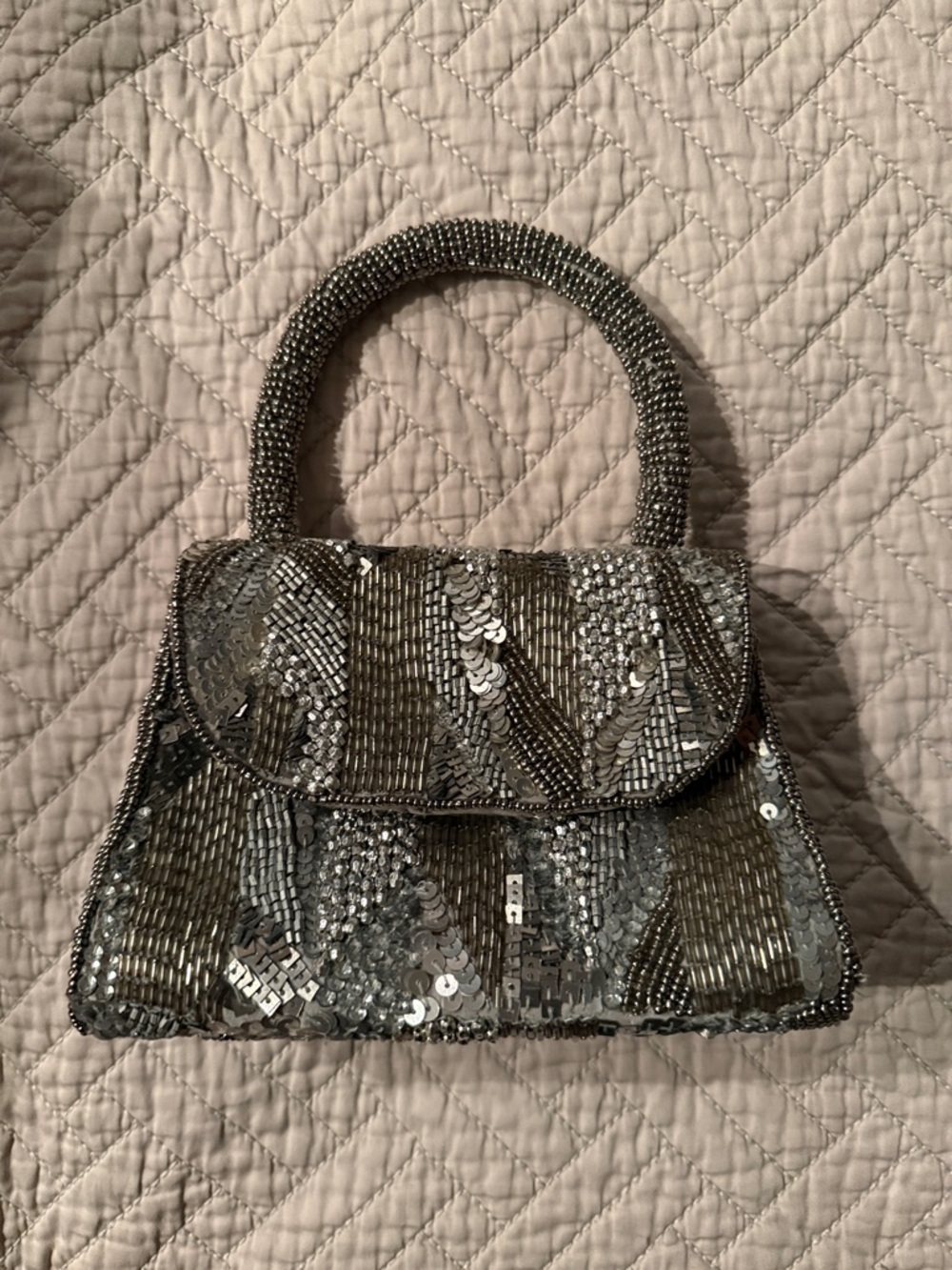 Anthropologie Silver Beaded Sequin Top-Handle Clutch